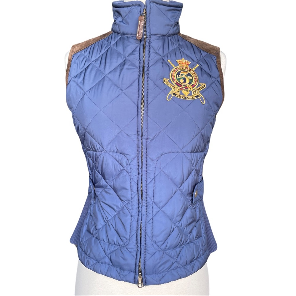 Ralph Lauren navy puffer vest size S with suede detail great condition